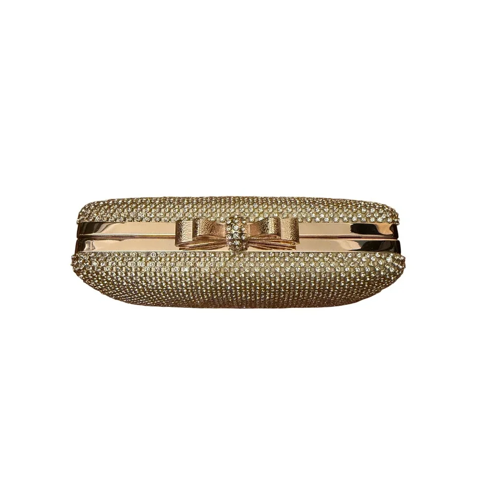 Dexmay Gold Rhinestone Evening Clutch Bag Crystal Bow Clasp Minaudiere Wedding
